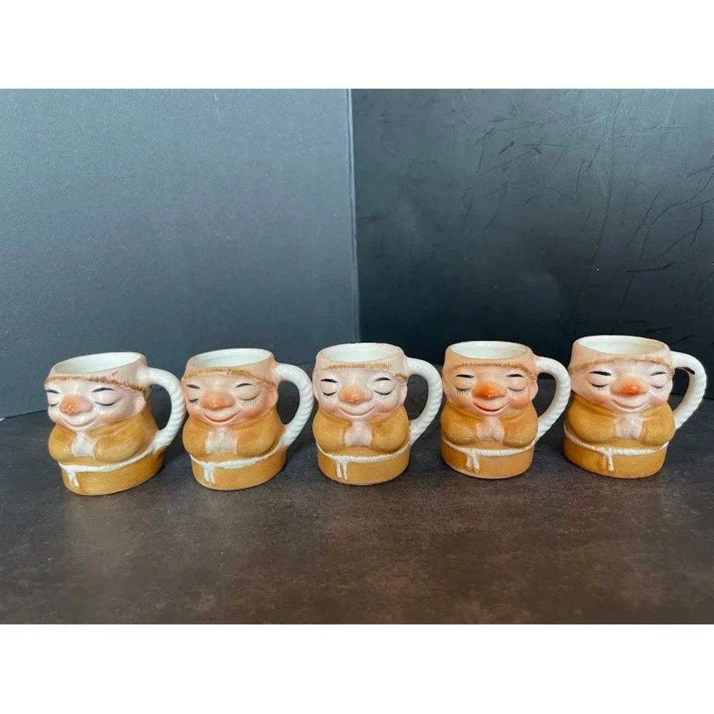 Vintage Praying Friar Monk Ceramic Decanter and 5 Shot Glass Mugs Set Tan